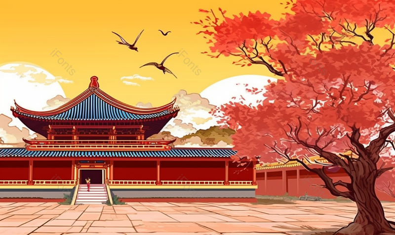 红墙银杏故宫园林建筑一个人走向房内屋外一棵大树插画,插画/手绘图,插画/手绘图库,插画/手绘图下载,插画/手绘